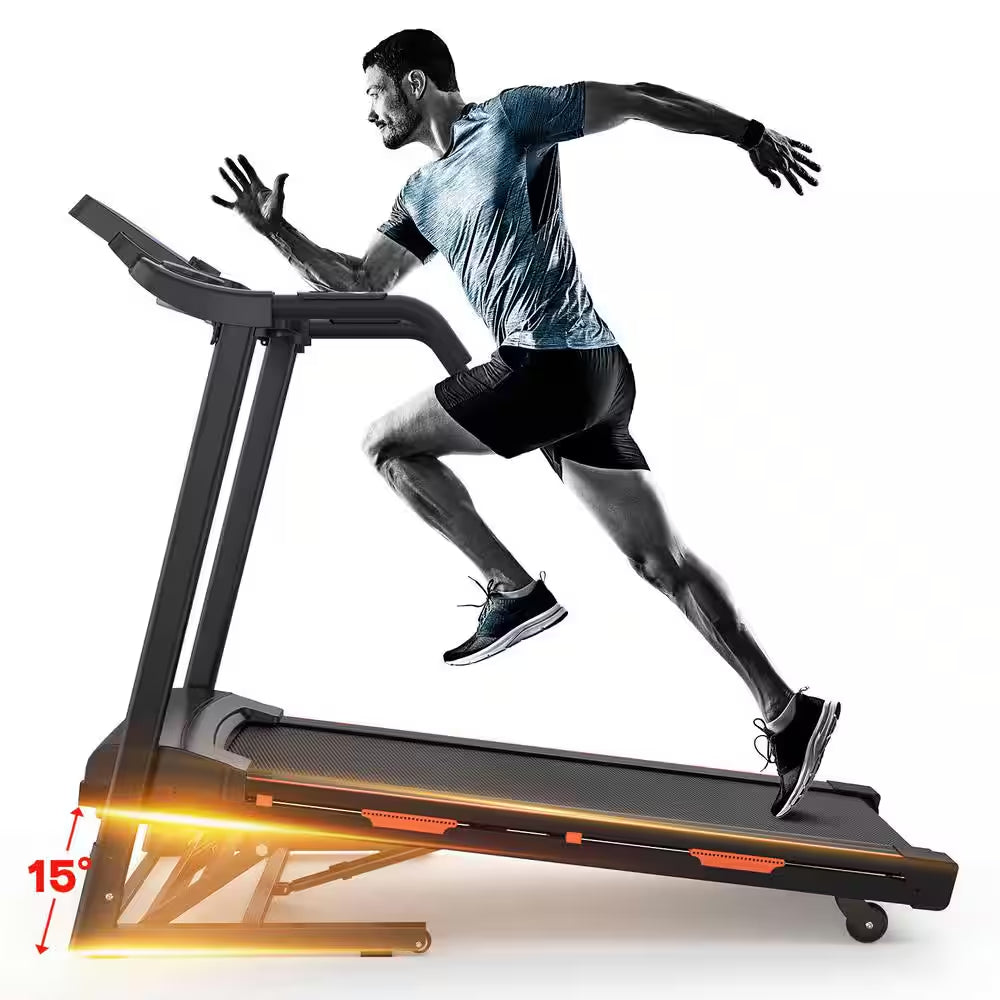 3.5 HP Black Steel Foldable Electric Treadmill with Safety Key, LCD Display, Pad/Phone Holder, APP Support and Inclines