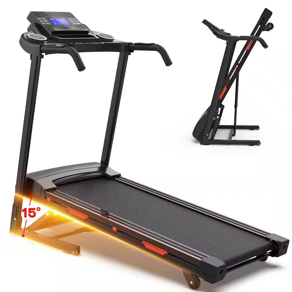 3.5 HP Black Steel Foldable Electric Treadmill with Safety Key, LCD Display, Pad/Phone Holder, APP Support and Inclines