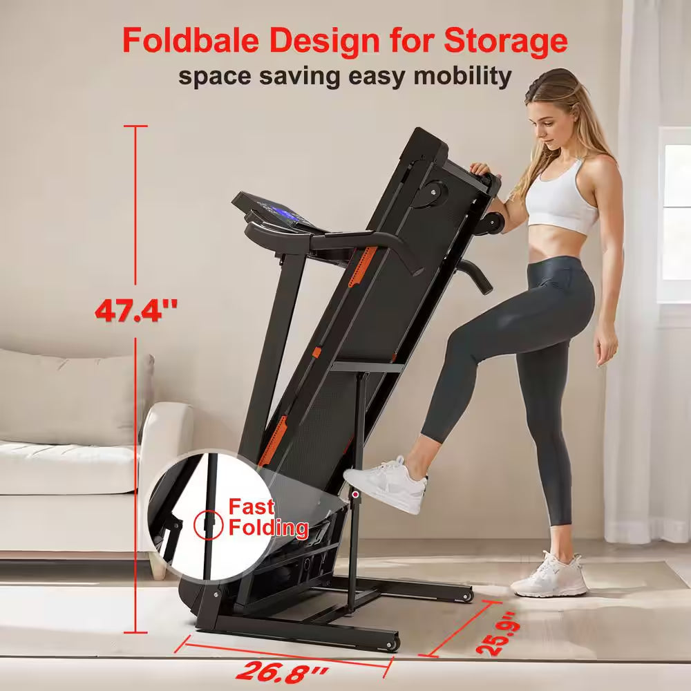 3.5 HP Black Steel Foldable Electric Treadmill with Safety Key, LCD Display, Pad/Phone Holder, APP Support and Inclines