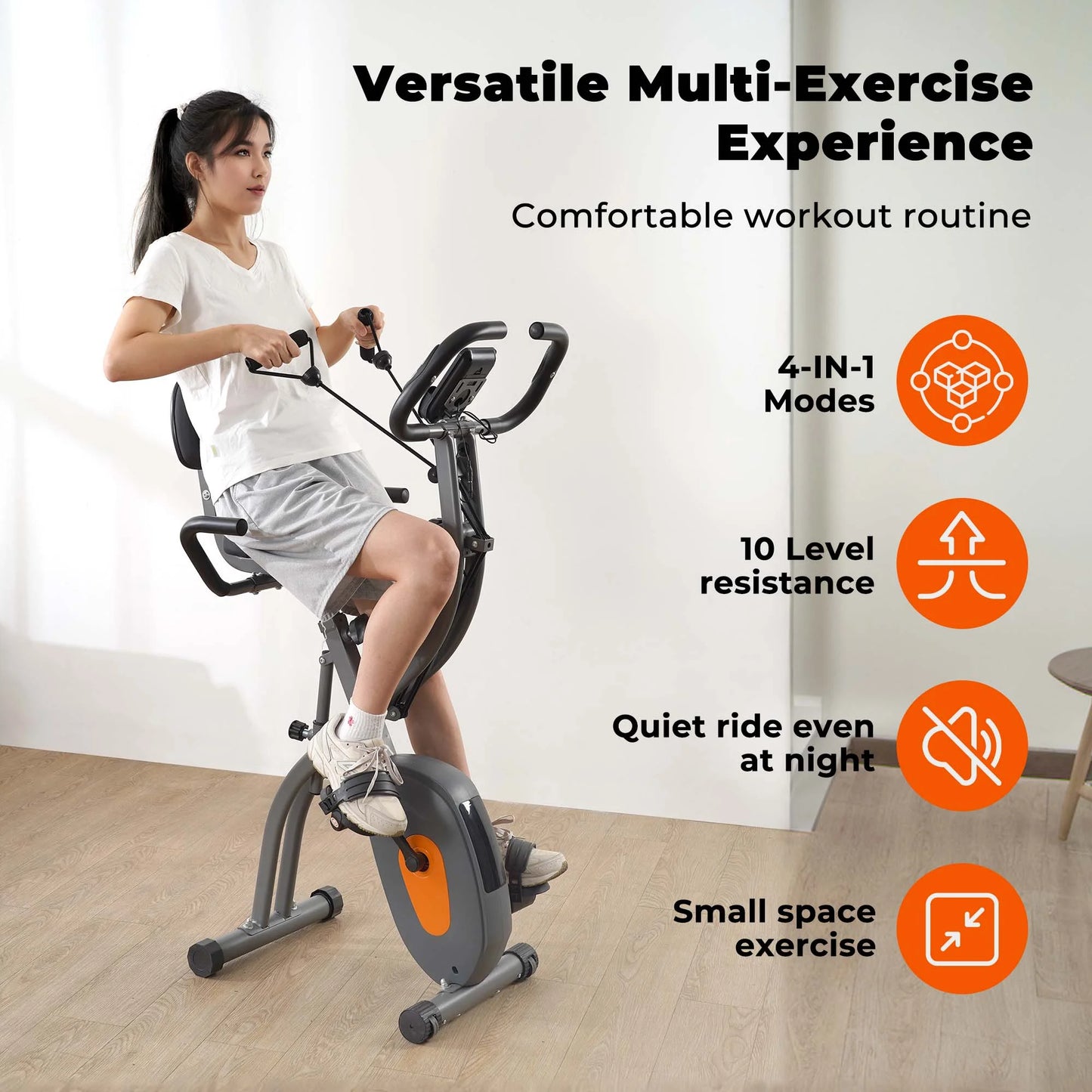 Folding Exercise Bike Stationary Recumbent 3-In-1 Exercise Bike Portable Magnetic with Adjustable Arm Resistance Bands and LCD Monitor and Pulse Grip for Home Use