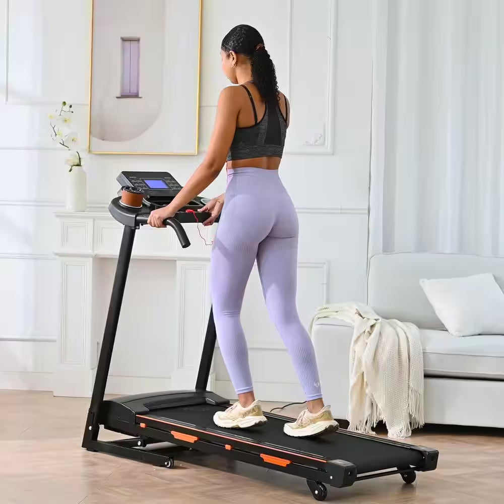 3.5 HP Black Steel Foldable Electric Treadmill with Safety Key, LCD Display, Pad/Phone Holder, APP Support and Inclines